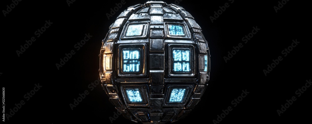 Poster futuristic metallic device with glowing details in a high-tech environment