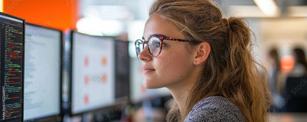 Poster focused young professional working on computer software coding in office setting