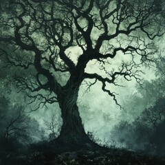 Fototapeta premium Ancient Twisted Oak Tree in a Misty Forest