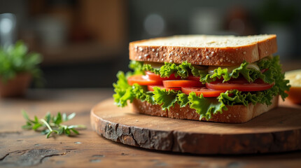 Fresh and Healthy Sandwich with Crisp Lettuce, Tomato, and Cheese on Rustic Wooden Board