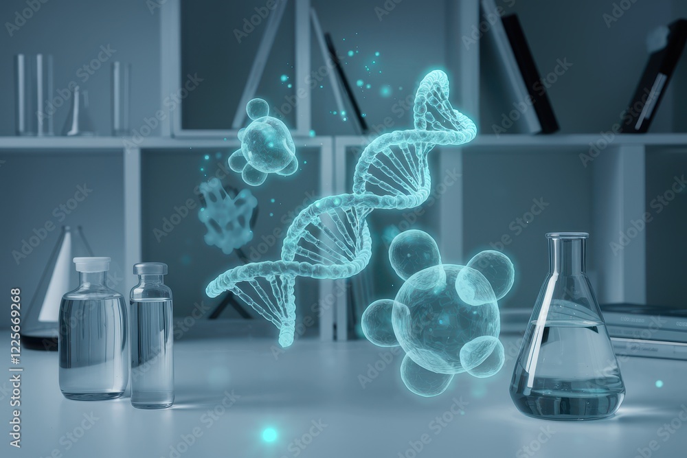 Poster genetic research in a modern lab: dna structure and cellular components visualized