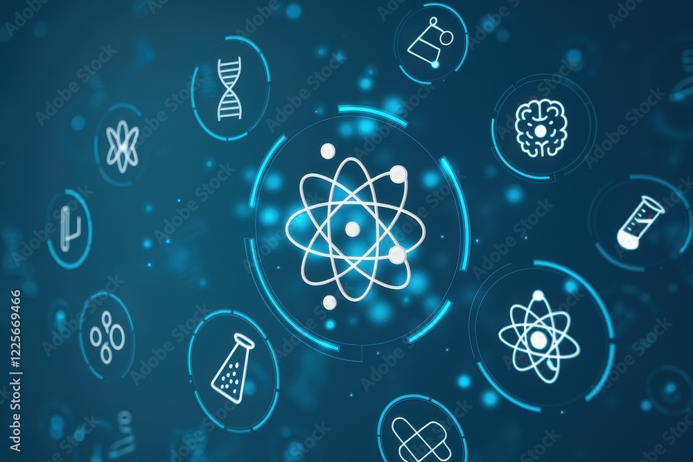 Poster science and technology: a futuristic digital interface displaying diverse scientific symbols and con