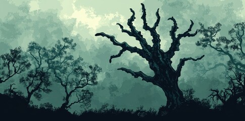 Fototapeta premium A Twisted Tree in a Misty Forest Landscape