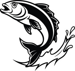 Black and white illustration of a fish leaping out of the water....