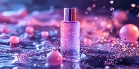 A translucent face mist bottle with iridescent labeling, floating in mid-air against a plain lavender background with glowing orbs for a dreamy, ethereal look