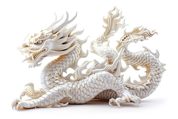 Fototapeta premium Chinese white dragon isolated on white. White traditional Chinese dragon isolated on White background. Chinese new year concept banner dragon dance on the solid background. Chinese emerald dragon.