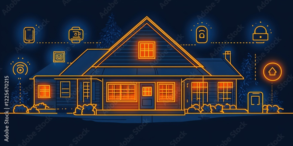 Poster smart home concept featuring connected devices for enhanced security and automation during nighttime