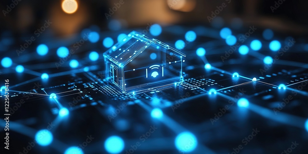 Poster digital representation of a smart home connected to a vast network of technology with glowing nodes