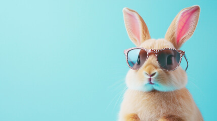 Fototapeta premium Funny cute rabbit, easter bunny wearing trendy sunglasses. Pastel blue background. Beautiful design for easter greeting card, invitation card. Copy space available. Easter theme.