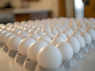Obraz premium Many White Eggs in Carton Rows, Kitchen Background