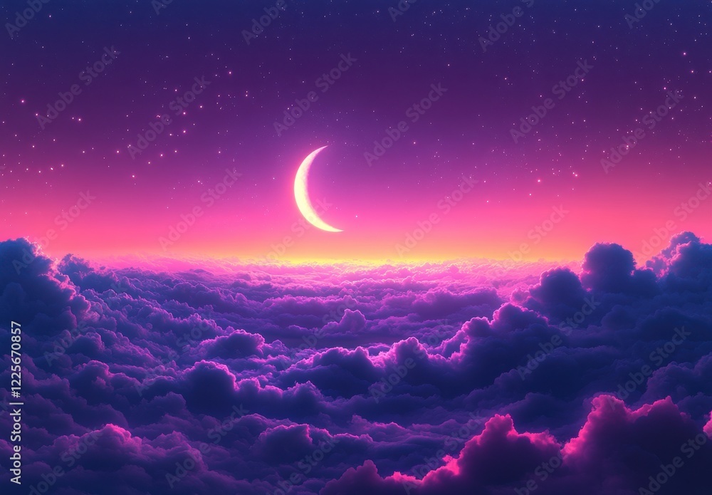 Poster serene moonlit sky over colorful clouds at twilight with stars glittering in the deepening horizon a