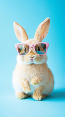Fototapeta premium Funny cute rabbit, easter bunny wearing trendy sunglasses. Pastel blue background. Beautiful design for easter greeting card, invitation card. Copy space available. Easter theme.