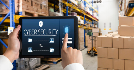 Cyber security system on computer screen protect private information snugly from hacker and cyber attack