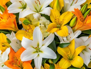 Fototapeta premium Vibrant Bouquet of Lilies and Alstroemerias
