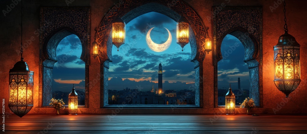 Aufkleber serene night view of crescent moon and lanterns through elegant arched windows in a tranquil middle 