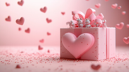 Charming Valentine's Day Gift Box with a Large Plush Heart, Festive Sprinkles, and Soft Lighting – Perfect for Romantic Backgrounds with Copy Space