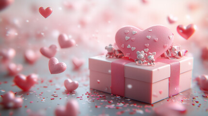 Luxury Valentine's Day Present Wrapped in Pink with Cute Miniature Decorations, Floating Hearts, and Copy Space for Design Needs