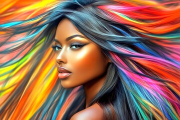 Long coiffure - multicolored hair. Commercial ad creative creative design. Stunning calm black girl - for ads, advertisement and social platforms use. Creative black advertising style.
