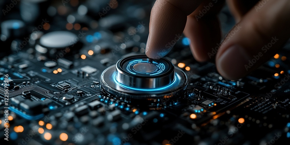 Poster exploring innovative technology with electronic components and circuit boards in a close-up view