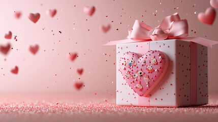 Romantic 3D Illustration of a Beautifully Wrapped Valentine's Day Gift with Adorable Details, Falling Hearts, and Copy Space for Your Message