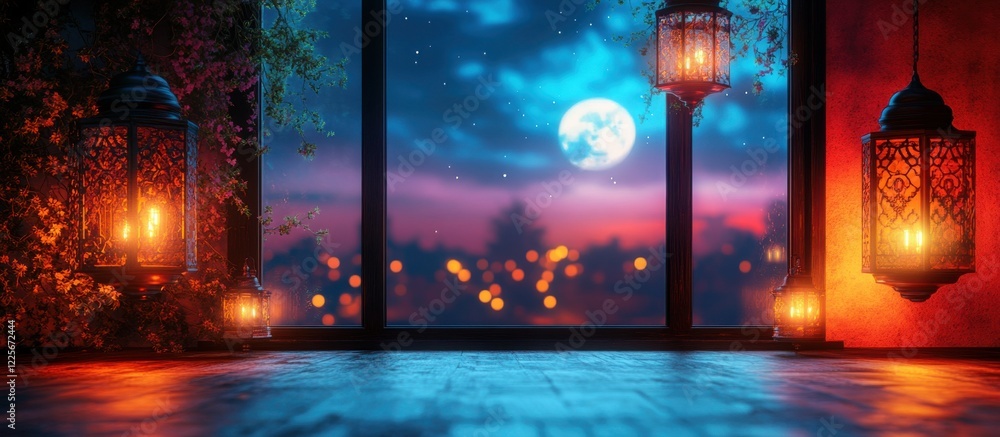Poster serene nightscape with lanterns and moonlight illuminating a tranquil landscape through a large wind