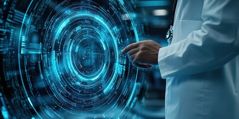 Medical professional interacts with futuristic digital interface in a high-tech environment