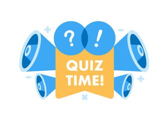 Quiz time megaphones question exclamation flat. Expressive emblem geometric element. Blue and orange.