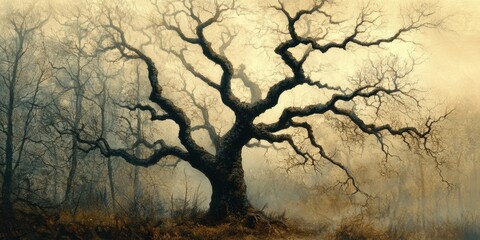 Ancient Oak Tree in Misty Forest Scene