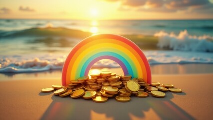 An adventurous spin on classic St. Patrick's Day lore, this sandy beach scene highlights a bright rainbow that leads to glistening gold, captured during the dreamy hues of golden hour.