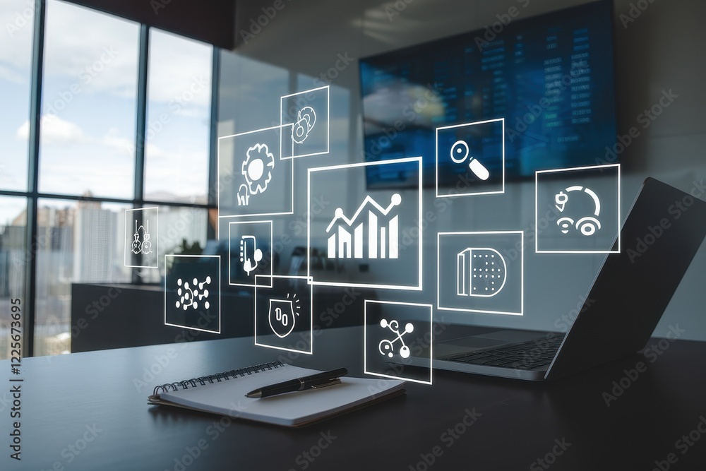 Poster digital business analytics and data visualization on laptop
