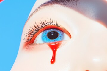 Fototapeta premium A detailed image of a blue eye shedding a dramatic red tear against a vibrant blue background, evoking emotion.