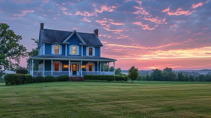 Blue country house at sunset, vibrant sky and golden hour glow, scenic rural setting, open green fields, cozy farmhouse, tranquil and peaceful countryside, inviting and serene landscape

