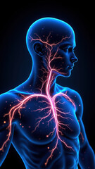 Vagus Nerve Stimulation, medical illustration of a side profile of a human head with an illuminated depiction of the nervous system highlighting the vagus nerve and its branches.