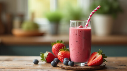 Fresh Strawberry Blueberry Smoothie in a Glass on a Rustic Wooden Table