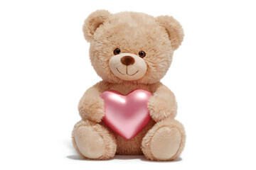 Obraz premium Adorable Teddy Bear with Fluffy Beige Fur Holding a Shiny Pink Heart on a White Background