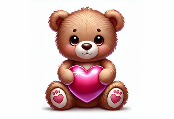 Obraz premium Adorable Teddy Bear with Soft Brown Fur Holding a Sparkling Pink Heart, Featuring Heart Paw Prints and Big Round Eyes