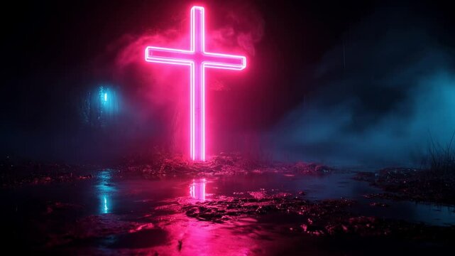 A glowing neon pink cross illuminating a misty forest creating a striking mix of spirituality and modernity.