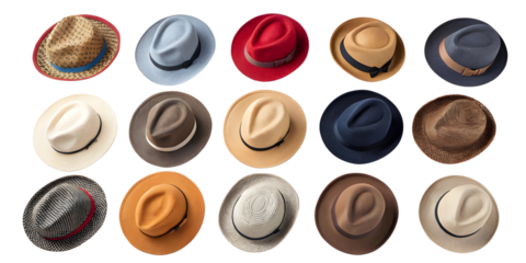 Collection set of hats and caps isolated on transparent or white background, png