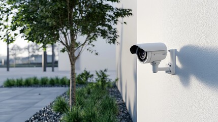 A modern security camera is installed on a building's exterior, capturing a view of the surrounding landscaped area with trees and clean lines in an urban environment.