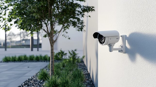 A modern security camera is installed on a building's exterior, capturing a view of the surrounding landscaped area with trees and clean lines in an urban environment.