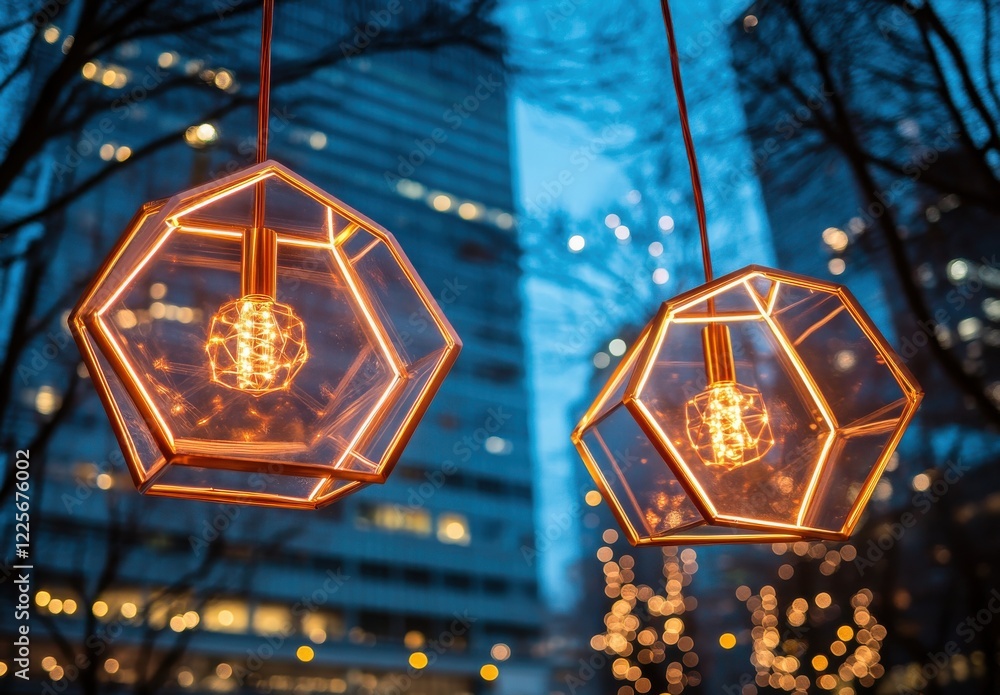 Poster stylish hexagonal decorative lights hanging in urban evening setting with bokeh background and moder
