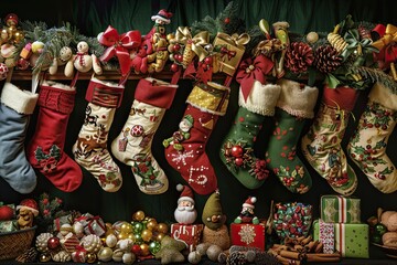 Fototapeta premium Christmas sock filled with toys and treats , winter holidays, Christmas decor and festive atmosphere