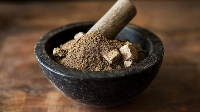 Mortar and pestle crushing dried kava kava root into powder to prepare traditional beverage