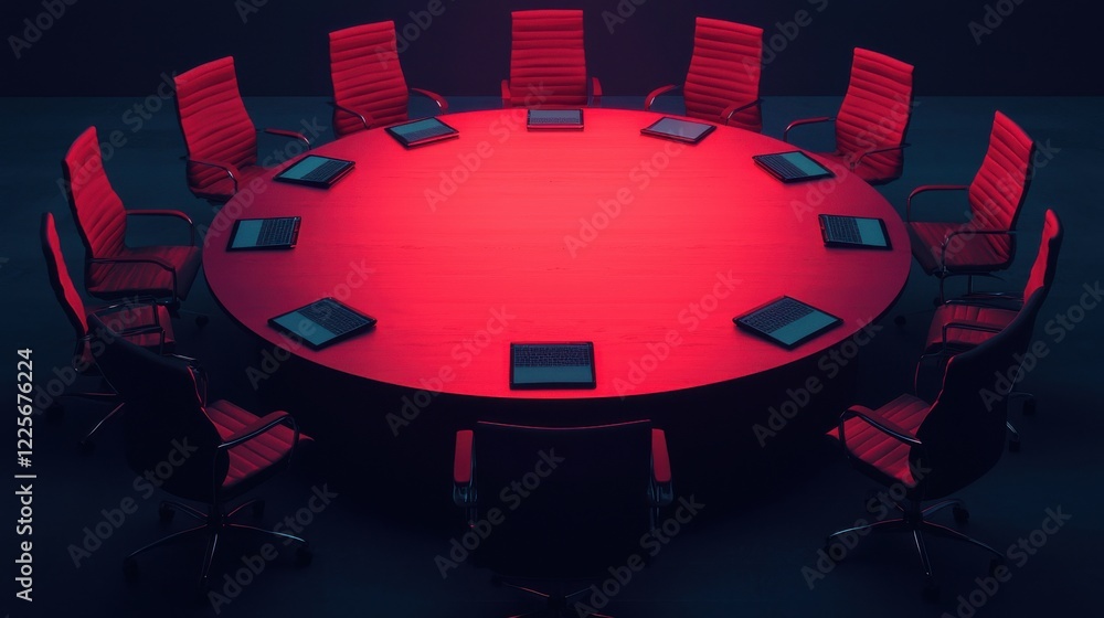 Poster a round conference table with red lighting and empty chairs, creating a dramatic and modern atmosphe
