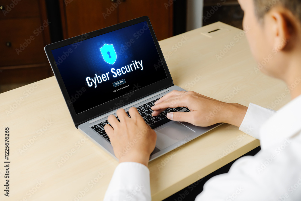 Poster cyber security system on computer screen protect private information snugly from hacker and cyber at