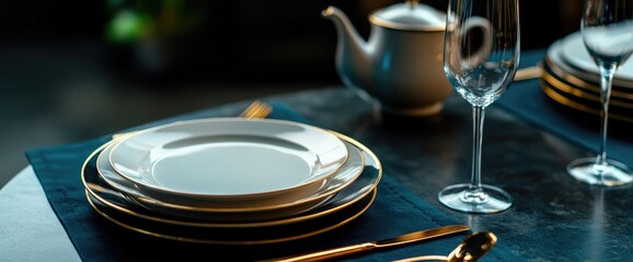 Fototapeta premium Elegant dinner table setting, dark background, gold rimmed plates. Use Restaurant menu, lifestyle blog