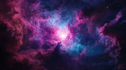 Fototapeta premium A vibrant cosmic scene filled with swirling clouds of pink, purple, and blue gas against a star-studded backdrop.