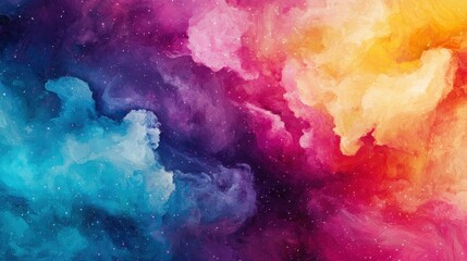 A vibrant abstract background featuring swirling clouds of blue, pink, purple, and yellow hues, resembling a cosmic galaxy.