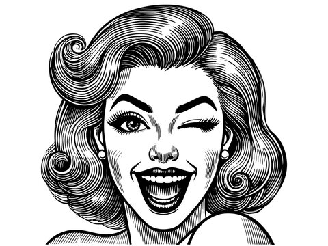 recommend clip art: cheerful woman winking with styled hair and a playful expression sketch engraving generative ai fictional character PNG illustration. Scratch board imitation. Black and white image.