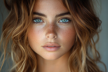 Close-up portrait of a woman with blue eyes and freckles, captured in natural light with a soft expression, Generative AI